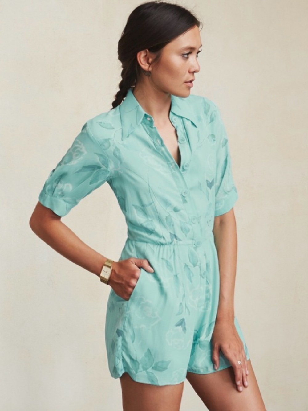 Reformation Green Short-Sleeve Romper